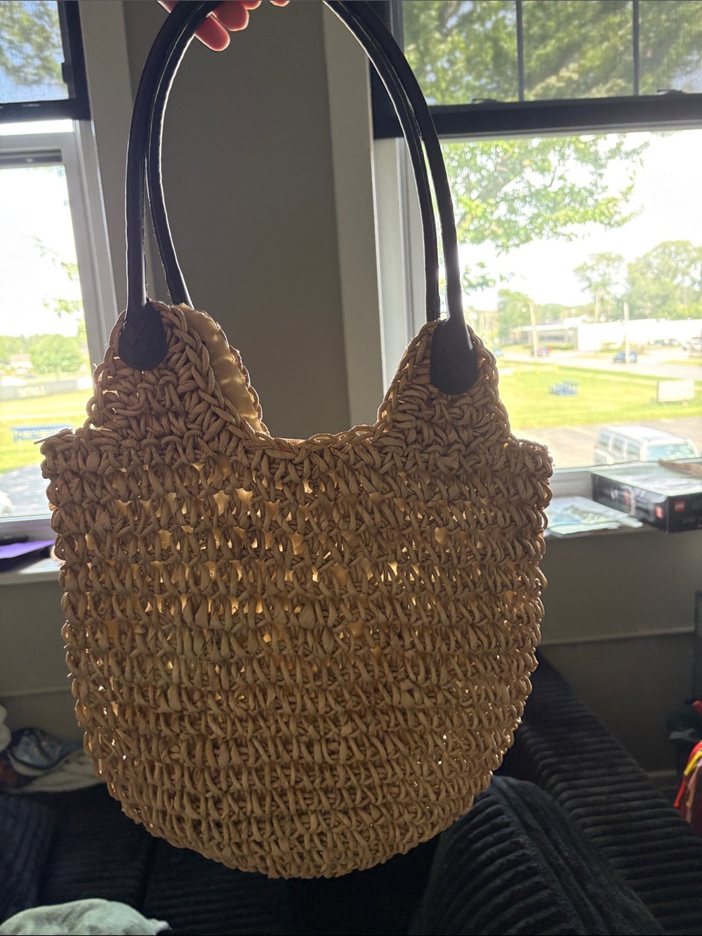 Woven Straw Tote Bag with Dark Handle - Natural